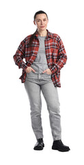 Fototapeta premium Happy long-haul truck driver in checkered shirt on white background
