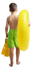 Cute little boy in beachwear with inflatable ring and flippers walking on white background, back view © New Africa