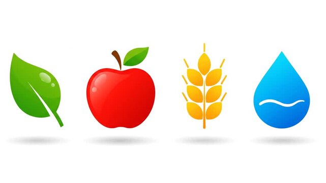 Essential Elements for Life - Leaf, Apple, Wheat, and Water Icons.