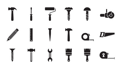 Obraz premium Tools set icons with hammers, screwdrivers, saws, wrenches, paintbrushes, and measurement devices for construction and DIY projects.