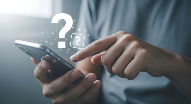 Person holding smartphone with question mark hovering above