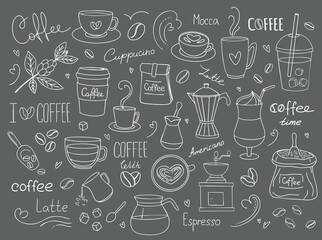 Chalk style hand drawn coffee doodle set with cups, beans and brewing tools, decorative caf&eacute; illustration collection on gray background