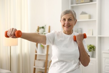 Fototapeta na wymiar Senior woman exercising with dumbbells at home. Fitness and sport