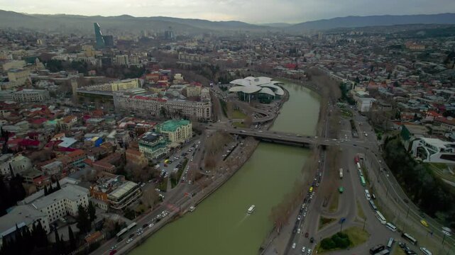 Aerial view of the Mtkvari River and the Tbilisi city panorama. Georgia