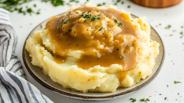 Vibrant image of American mashed potatoes with creamy gravy served on a white background perfect for a comforting side dish