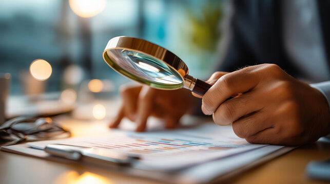 Close up of a faceless investigator's hands from above holding a magnifying glass over printed financial documents on a bright desk the magnified area showing highlighted