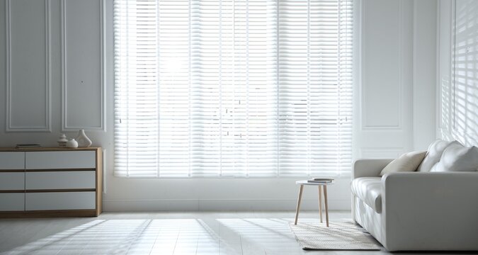 Sofa, table, dresser and window with closed blinds indoors
