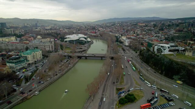 Aerial view of the Mtkvari River and the Tbilisi city panorama. Georgia