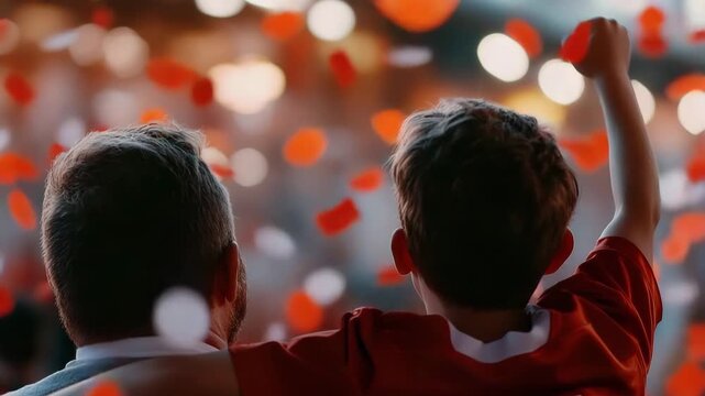 A father and son watch a football match in a crowded stadium. The audience cheers as the game unfolds, with colorful confetti filling the air all around them