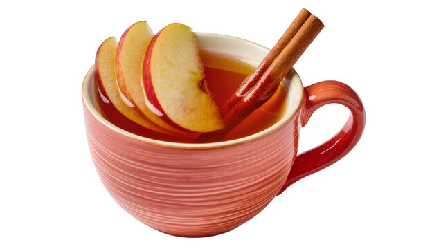 Warm apple cider in a textured red mug with fresh apple slices and cinnamon sticks, a cozy autumn beverage isolated on transparent background PNG