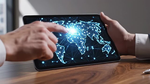 Technology connectivity and global network for international business digital transformation and worldwide communication with businessman analyzing data on tablet device in modern office environment