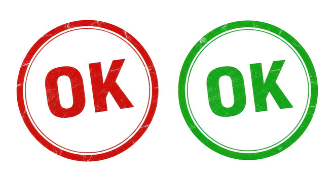 Red and green OK text stamps in circular borders for feedback isolated png