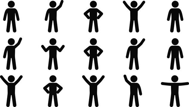 Stick figure silhouette icon vector illustration set featuring diverse human gestures, poses, and body language communication motifs