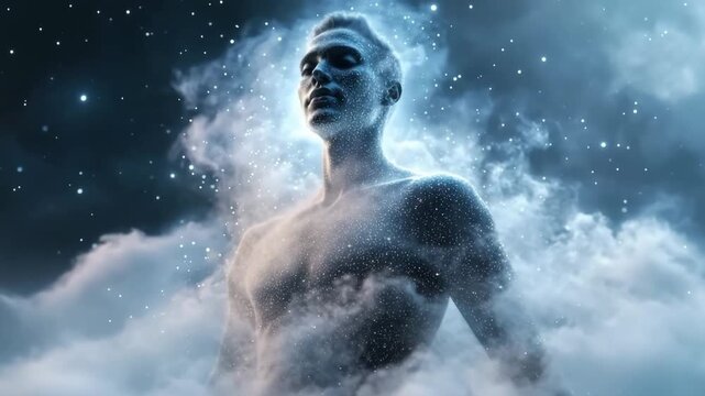 A man&rsquo;s silhouette emerges from a cloud filled with stars and mist. The scene shows a blend of light and darkness, creating a striking contrast. The location appears to be outer space