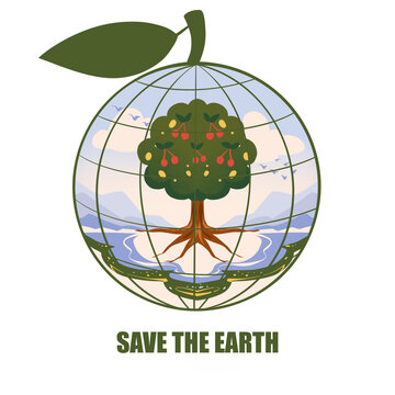 A globe shaped like an apple with a leaf; inside, it depicts a tree and nature. A concept dedicated to ecology and environmental protection, timed to coincide with Earth Day. Caring for nature and the
