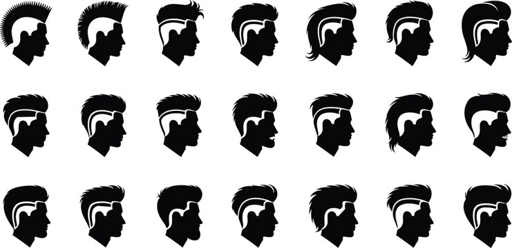Vector profile silhouette set of men featuring diverse trendy hairstyles and modern haircuts for professional barbershop branding and grooming services