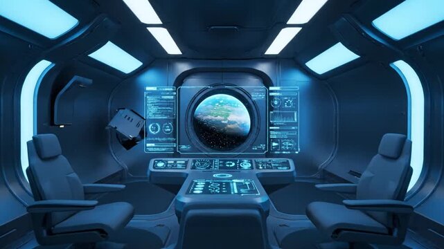 Futuristic Spaceship Cockpit View of Earth from Space.