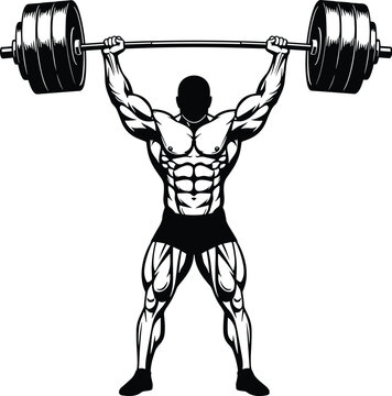 Powerful black and white vector illustration of a muscular bodybuilder performing a heavy overhead barbell press for fitness gym branding