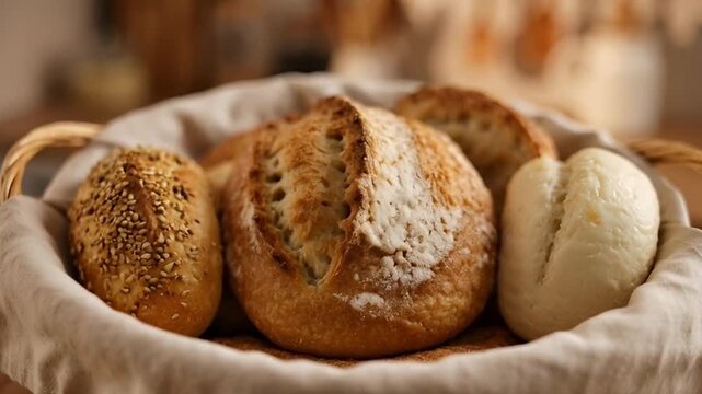 Freshly baked bread in a basket culinary still life natural food concept