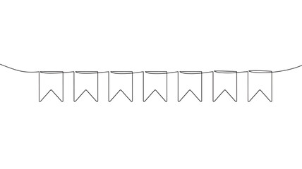 Bunting flags garland drawn in a continuous line style with a simple black outline on a white background for festive decorations. © Moinul