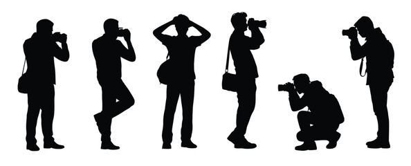Photographer men silhouettes set, black vector illustration of male photographers with cameras in different shooting poses for media, journalism, and creative photography projects © Rony art