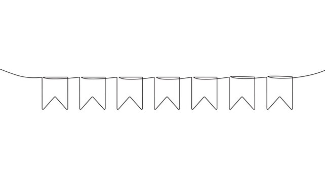 Bunting flags garland drawn in a continuous line style with a simple black outline on a white background for festive decorations.
