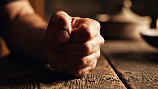 A clenched fist on a wooden table with kitchen items in the background, depicting frustration or determination in a home setting