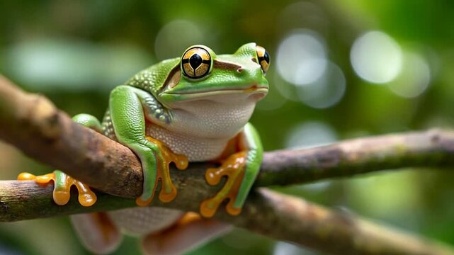 A green frog perches on a branch in a lush forest, looking alert with blurred foliage background, ideal for wildlife or nature concepts