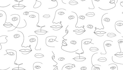 Faces abstract line art pattern with minimalist eyes and lips in continuous contour, showcasing diverse portrait features.