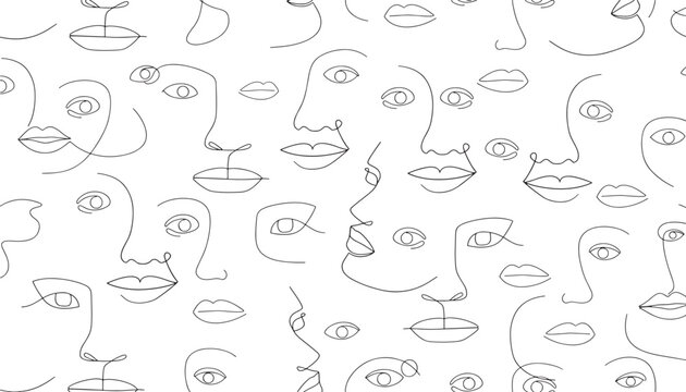 Faces abstract line art pattern with minimalist eyes and lips in continuous contour, showcasing diverse portrait features.