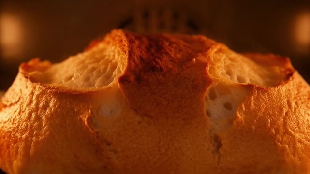 Freshly baked bread loaf in oven interior with warm lighting