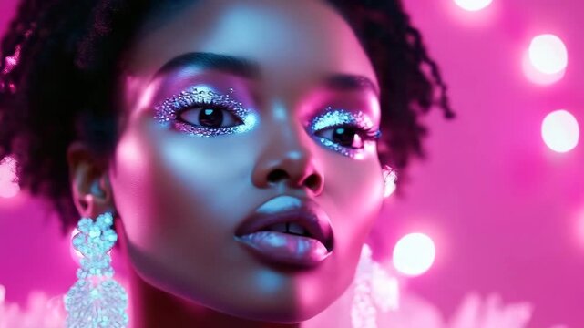 A fashion model displays her makeup and earrings in bright colors while posing against a pink backdrop. The setting highlights her features and style