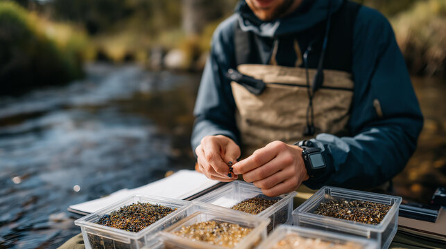Close-up hands sorting collected river debris by material type, microplastics separated into laboratory containers, field data sheets and GPS device nearby, ideal for citizen science, pollution