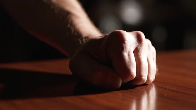 A clenched fist hits a wooden table with a dark background, conveying frustration