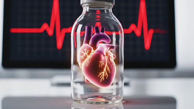 A preserved human heart in a jar on a reflective surface with an ECG monitor displaying a heartbeat in the background, possibly for medical or educational use