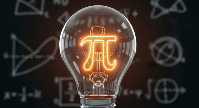 Illuminated light bulb with mathematical symbols.