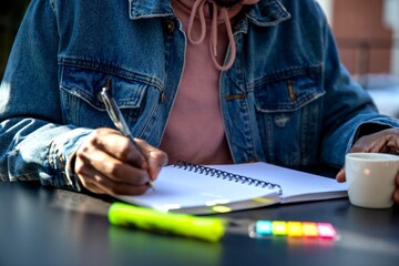 Writing outdoors with coffee.