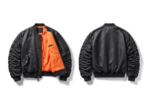 Black bomber jacket displayed with both front and back views against a clean white backdrop showcasing the details of the garment and the bright orange interior