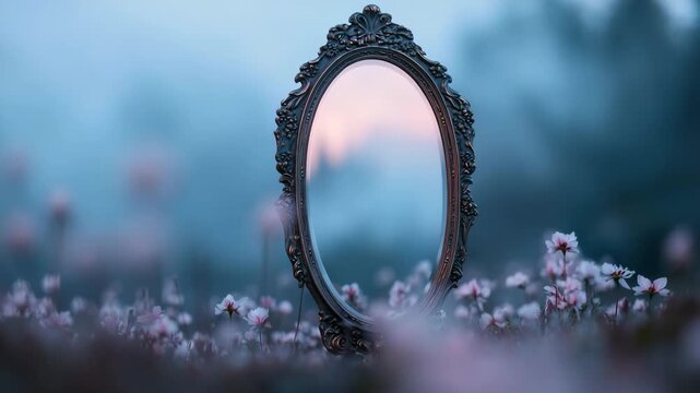 A glowing ornate mirror stands in a field of flowers as dusk approaches. The mirror shows a soft light and reflections of the surrounding scenery
