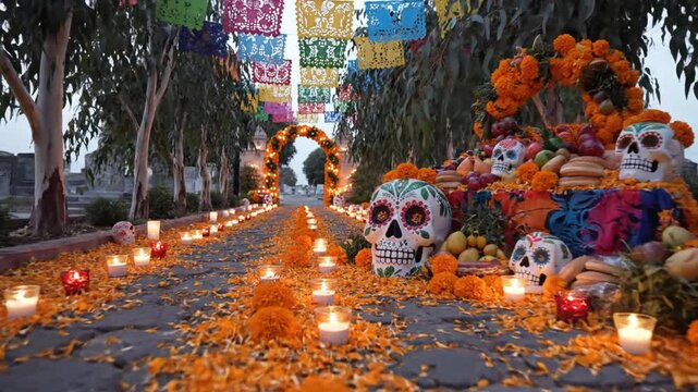 Colorful Mexican Day of the Dead celebration pathway with sugar skulls, marigold petals, and lanterns
