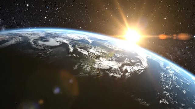 Earth from space with sun rising over horizon, stars in background, symbolizing new beginnings