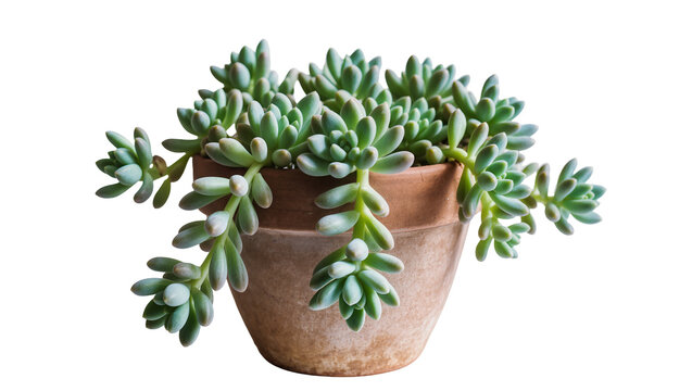 Vibrant green-blue succulent plant with plump leaves in a rustic terracotta pot, beautifully isolated PNG on transparent background, perfect for botanical designs