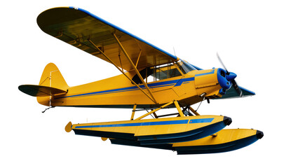 Vibrant yellow and blue single-engine floatplane, a classic seaplane with pontoons and propeller, isolated PNG for aviation projects © Niamh