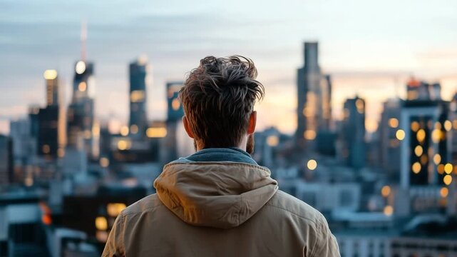 A man stands facing the city skyline as the sun sets. The sky changes color and city lights start to glow. He appears deep in thought while enjoying the view at dusk