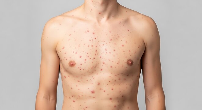 A close up view of a shirtless man showing a skin rash with red spots across his chest and torso