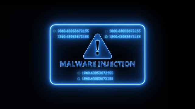 Malware injection warning appearing on advanced cybersecurity monitoring screen highlighting digital system compromise and network threat detection
