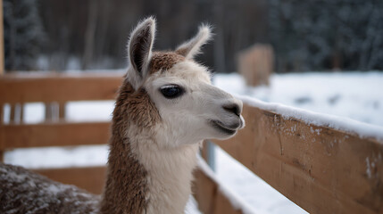 Fototapeta premium Charming Alpaca in Snowy Enclosure Side Profile, White and Brown Fur, Animal Portrait, Winter Scene in Farm Sanctuary, Cute Alpaca View