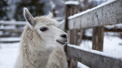 Fototapeta premium Elegant white domestic alpaca animal portrait in a snowy winter landscape with wooden fence, serene and peaceful outdoor scene