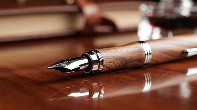 Close-up of luxury pen on wooden desk with blurred office background, symbolizing professionalism and creativity