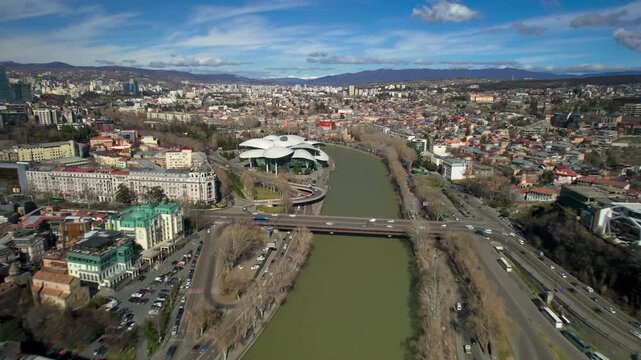Aerial view of the Mtkvari River and the Tbilisi city panorama. Georgia